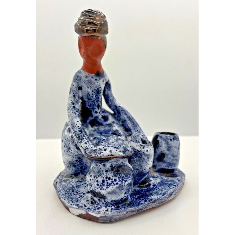 Vintage Clay Art Pottery Figure Sitting w/Pots Primitive Blue Speckled Glazed